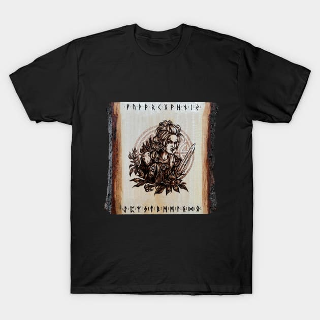 Valkyrie pyrography print! wood texture T-Shirt by BTW-byMargo